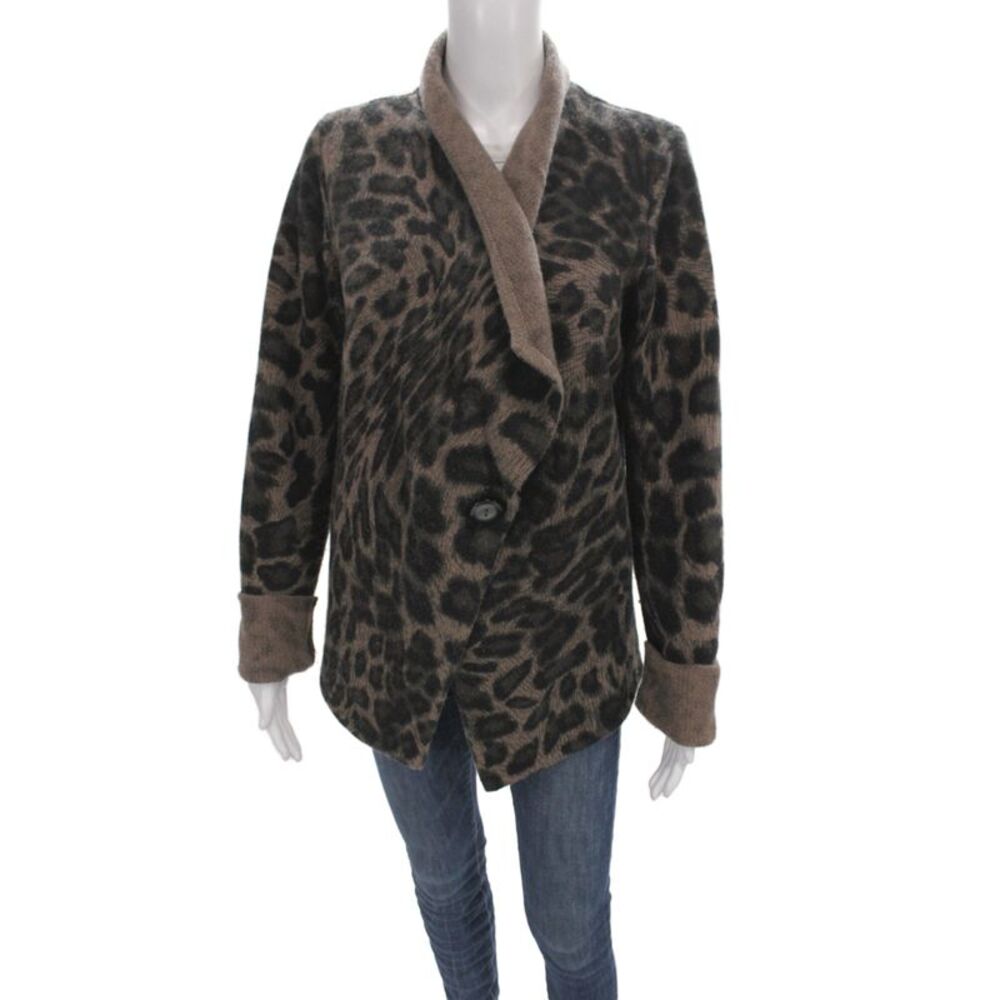 White + Warren Women Cardigan Brown Lambswool Cowl Neck Animal Print Size L